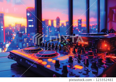Futuristic DJ Mixer Controller with Cityscape Lights in the Background for Electronic Music Party 123352481