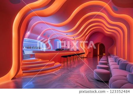 Peachy Pink Modern Bar Lounge with Curved Ceiling and Pink Marble Floor 123352484