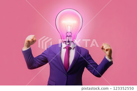 The power of new ideas in business. Conceptual contemporary art with a bulb headed businessman flexing arm muscles over pink background. Lightbulb instead of a head, surreal symbol for innovation 123352550