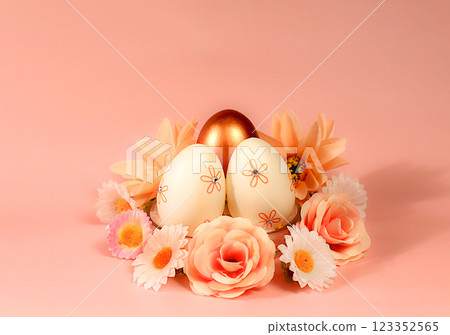 Abstract easter composition with painted eggs and spring flowers. Holiday template for design and banner for screen, minimal easter concept, selective focus.. Abstract easter composition with painted eggs and spring flowers. Holiday template for design and banner for screen, minimal easter concept, selective focus.. 123352565