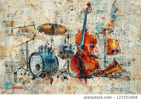 Musical Instruments Drum Set, Cello, Trumpet, Notes on Beige Background - Abstract Art Style Musical Instruments Drum Set, Cello, Trumpet, Notes on Beige Background - Abstract Art Style 123352608