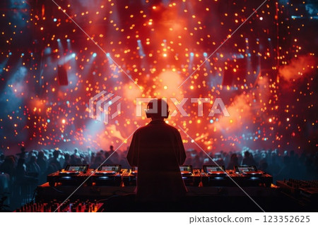 Female DJ Performing in Nightclub with Red and Orange Laser Lights and Smoke on Stage Female DJ Performing in Nightclub with Red and Orange Laser Lights and Smoke on Stage 123352625