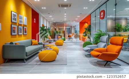 Interior design with furniture, lighting, and plants in a living room space 123352657