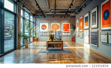 The room is filled with various picture frames hanging on the walls 123352658