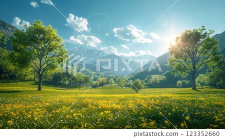 Sun shining through clouds over field of flowers with mountains in background 123352660