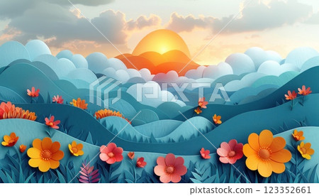 Flowers in the foreground, mountains in the background, with a colorful sunset 123352661