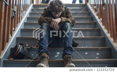 Sad Schoolboy on the Steps: Suffering from Bullying 123352729