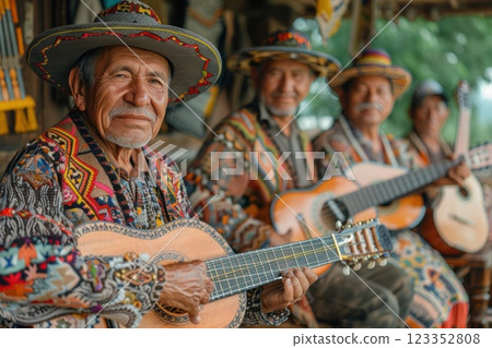 Men in a band playing guitars, wearing sunhats and guitar accessories Men in a band playing guitars, wearing sunhats and guitar accessories 123352808