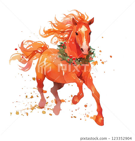 A unicorn with a crown of flowers on its head and a star on its mane. The unicorn is running through a field of flowers 123352904