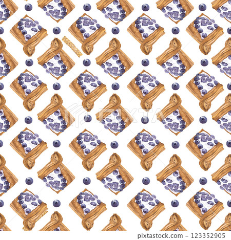 Watercolor illustration of of baking. Hand-drawn pattern from isolated clip art on a white background. Bright and appetizing pictures of realistic watercolor buns for menus, signs, packaging, textiles 123352905