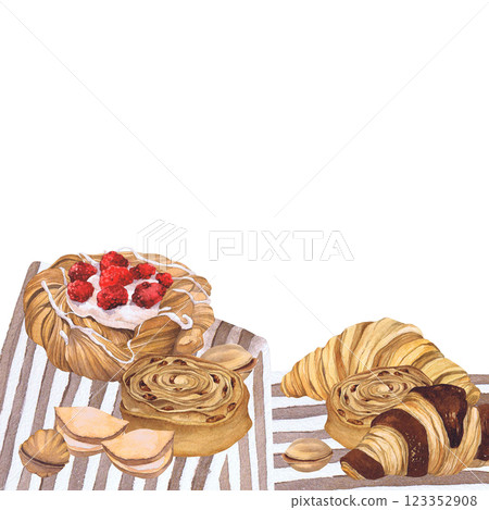 Watercolor illustration of of baking. Hand-drawn set from isolated clip art on a white background. Bright and appetizing pictures of realistic watercolor buns for menus, signs, packaging, textiles Watercolor illustration of of baking. Hand-drawn set from isolated clip art on a white background. Bright and appetizing pictures of realistic watercolor buns for menus, signs, packaging, textiles 123352908