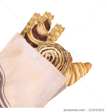 Watercolor illustration of of baking. Hand-drawn set of pastry in a craft bagfrom isolated clip art on a white background. Bright and appetizing pictures of realistic watercolor buns for menus, signs Watercolor illustration of of baking. Hand-drawn set of pastry in a craft bagfrom isolated clip art on a white background. Bright and appetizing pictures of realistic watercolor buns for menus, signs 123352921