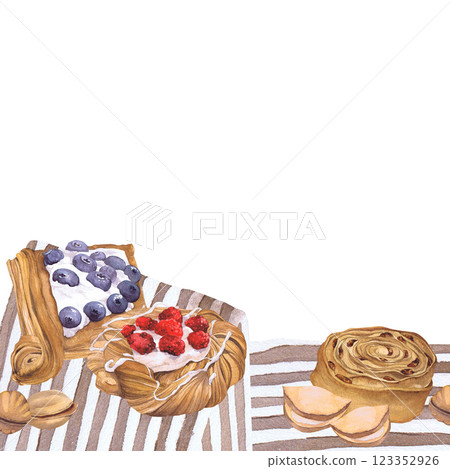 Watercolor illustration of of baking. Hand-drawn set from isolated clip art on a white background. Bright and appetizing pictures of realistic watercolor buns for menus, signs, packaging, textiles Watercolor illustration of of baking. Hand-drawn set from isolated clip art on a white background. Bright and appetizing pictures of realistic watercolor buns for menus, signs, packaging, textiles 123352926