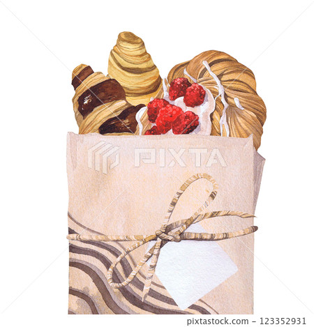 Watercolor illustration of of baking. Hand-drawn set of pastry in a craft bagfrom isolated clip art on a white background. Bright and appetizing pictures of realistic watercolor buns for menus, signs Watercolor illustration of of baking. Hand-drawn set of pastry in a craft bagfrom isolated clip art on a white background. Bright and appetizing pictures of realistic watercolor buns for menus, signs 123352931