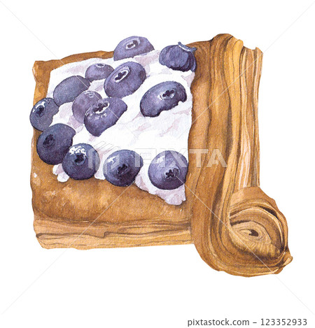Watercolor illustration of baking. Hand drawn puff pastry with cream and blueberries from isolated clip art on white background. A bright and appetizing picture of a realistic watercolor bun for Watercolor illustration of baking. Hand drawn puff pastry with cream and blueberries from isolated clip art on white background. A bright and appetizing picture of a realistic watercolor bun for 123352933