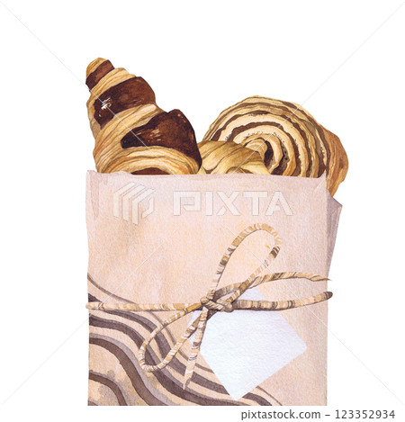 Watercolor illustration of of baking. Hand-drawn set of pastry in a craft bagfrom isolated clip art on a white background. Bright and appetizing pictures of realistic watercolor buns for menus, signs 123352934