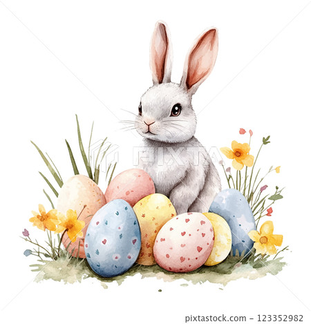 Easter rabbit is sitting in front of three eggs, with flowers in the background. The image has a playful and whimsical mood, with the rabbit and eggs being the main focus Easter rabbit is sitting in front of three eggs, with flowers in the background. The image has a playful and whimsical mood, with the rabbit and eggs being the main focus 123352982