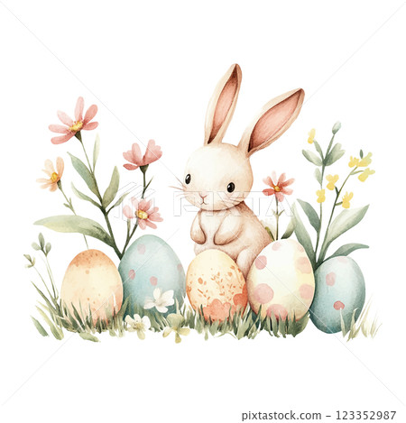 Easter rabbit is sitting in front of three eggs, with flowers in the background. The image has a playful and whimsical mood, with the rabbit and eggs being the main focus 123352987