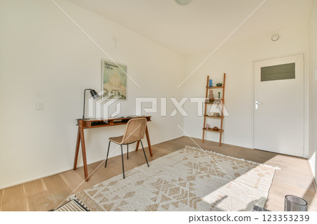 A bright and airy workspace featuring a wooden desk, stylish chair, and a cozy rug, perfect for enhancing productivity and creativity. 123353239
