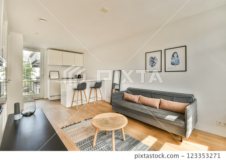 A chic and modern living room featuring a cozy sofa, minimalist decor, and natural light highlighting the elegant design elements. A chic and modern living room featuring a cozy sofa, minimalist decor, and natural light highlighting the elegant design elements. 123353271