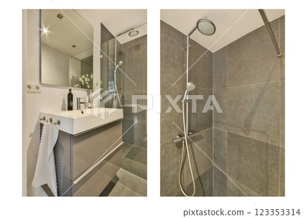 Stylish bathroom featuring sleek surfaces, elegant shower fixtures, and minimalist decor enhancing the sense of space and elegance. 123353314