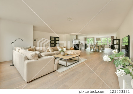 Spacious and beautifully designed living room featuring a light color palette, elegant furnishings, and ample natural light creating a serene atmosphere. Spacious and beautifully designed living room featuring a light color palette, elegant furnishings, and ample natural light creating a serene atmosphere. 123353321