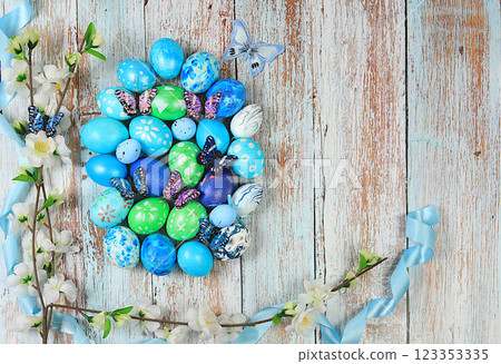 Happy Easter concept, Composition with decorated Easter eggs, butterflies, banner or advertisement for screen or store, template for design, spring card, selective focus 123353335