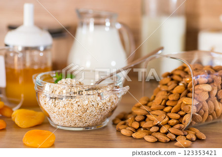 breakfast food set on wooden table 123353421