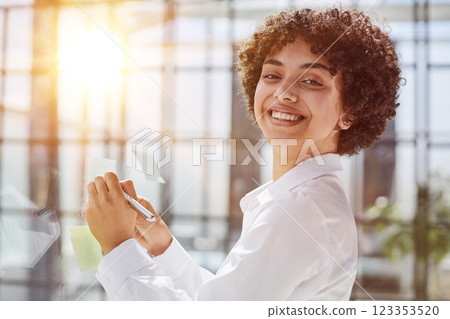 woman working on project plan using sticky papers notes on glass 123353520