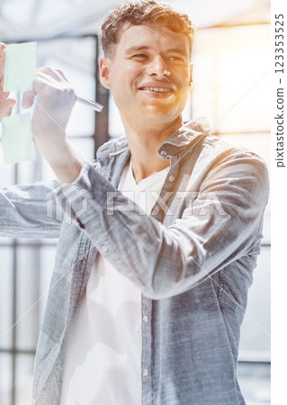 Businessman, sticky notes and work schedule for project planning Businessman, sticky notes and work schedule for project planning 123353525