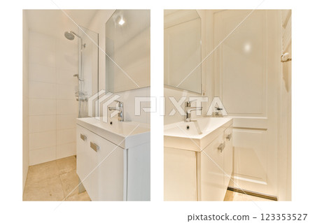 A sleek and contemporary bathroom space featuring a compact sink, mirror, and minimalist decor for functional elegance. 123353527