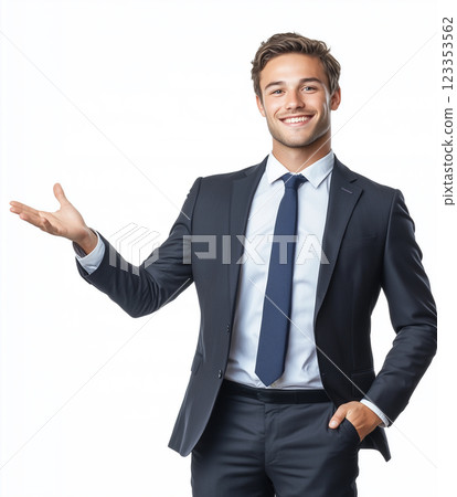 一位面帶微笑的男商人伸出手來指導 一位面帶微笑的男商人伸出手來指導 123353562