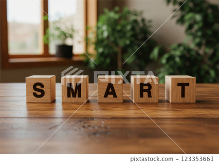 A wooden cube with the word "SMART" written on it placed in the living room 123353661