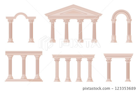 Antique arches. Ancient greek columns, marble stone classic pillars, doric, ionic, corinthian orders, architecture building elements, exterior facade, nowaday vector cartoon flat isolated set Antique arches. Ancient greek columns, marble stone classic pillars, doric, ionic, corinthian orders, architecture building elements, exterior facade, nowaday vector cartoon flat isolated set 123353689