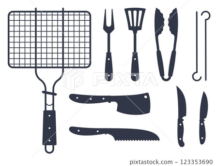 Barbecue tool silhouette set. Black silhouette. Cooking device for meat. Grill equipment, different knifes, spatula and fork, supplies kit icon. BBQ grid. Vector flat isolated illustration Barbecue tool silhouette set. Black silhouette. Cooking device for meat. Grill equipment, different knifes, spatula and fork, supplies kit icon. BBQ grid. Vector flat isolated illustration 123353690