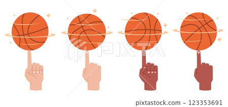 Basketball spins on your finger. Different hand skin colors, spinning ball. Professional athlete arms front and back, rotate. Colorful icon. Cartoon flat style isolated vector concept 123353691