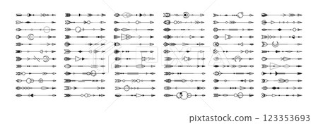 Boho arrows. Silhouette black icons collection, different plumage, american indian ethnic style outline, decorative native tribal elements with plumage, line elegant tidy vector isolated set Boho arrows. Silhouette black icons collection, different plumage, american indian ethnic style outline, decorative native tribal elements with plumage, line elegant tidy vector isolated set 123353693