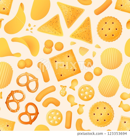 Cartoon salty snacks seamless pattern. Crispy chips, nachos, pretzels and crackers, repeated crunchy unhealthy beer food. Decor textile, wrapping, wallpaper. Print for fabric vector background 123353694