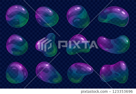 Cartoon soap bubbles. Different distorted shapes, flying balls, lossy transparent shiny objects, inflatable colorful isolated elements, iridescent deformation soapy spheres nowaday vector set Cartoon soap bubbles. Different distorted shapes, flying balls, lossy transparent shiny objects, inflatable colorful isolated elements, iridescent deformation soapy spheres nowaday vector set 123353696