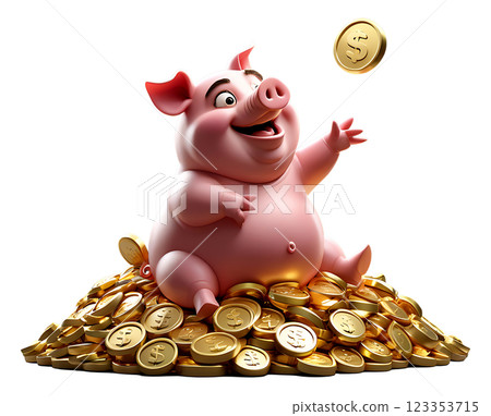 Cartoon of a fat pig sitting on a pile of gold coins. 123353715