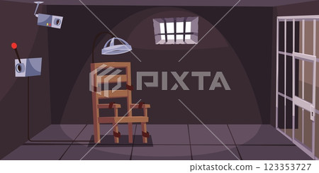 Electric chair in prison cell. Empty capital punishment for death killer and murderer. Jail interior, violation of law. Horizontal background. Cartoon flat style isolated vector concept 123353727