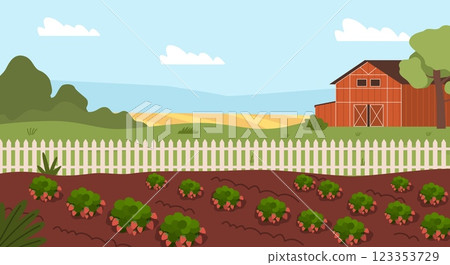 Farm with rows of strawberries. Village background. Growing berries. Rural landscape. Agriculture harvest. Young freshly germinated plants. Cartoon flat style isolated vector concept Farm with rows of strawberries. Village background. Growing berries. Rural landscape. Agriculture harvest. Young freshly germinated plants. Cartoon flat style isolated vector concept 123353729
