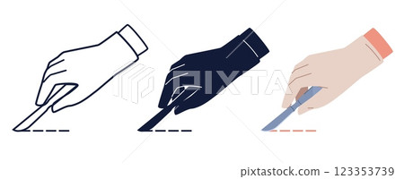 Hands with scalpel. Black silhouette and line icon. Professional medical equipment for surgical operation. Steel blade, doctor hand in gloves. Cartoon flat style isolated vector set Hands with scalpel. Black silhouette and line icon. Professional medical equipment for surgical operation. Steel blade, doctor hand in gloves. Cartoon flat style isolated vector set 123353739