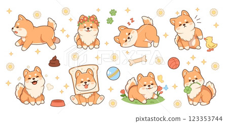 Kawaii shiba dog. Funny pets characters, different actions, fluffy domestic animals, cute mascot, japanese breed, akita ken pup, grooming logo, cartoon flat isolated tidy vector set 123353744