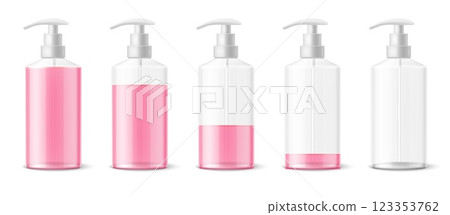 Set bottles with different liquid levels. Realistic isolated elements. Transparent plastic container with dispenser for soap, or shampoo, lotion full and empty packaging, vector concept 123353762