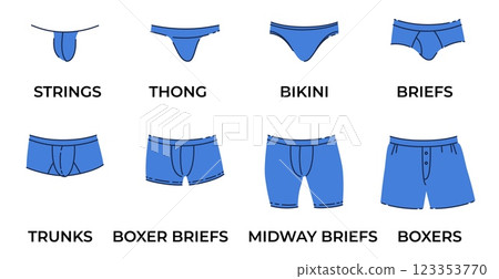 Set of different kinds mens underwear. Male underpants, shop assortment presentation. Everyday clothes, thong and bikini, briefs and boxers. Cartoon flat style isolated vector concept 123353770