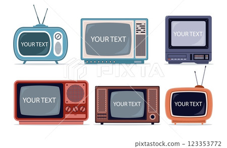 Set old televisions with text. Frame with copy space. Old media technology. 80s, old-fashioned device, classic vintage tv. Empty analog display. Cartoon flat style isolated vector set Set old televisions with text. Frame with copy space. Old media technology. 80s, old-fashioned device, classic vintage tv. Empty analog display. Cartoon flat style isolated vector set 123353772