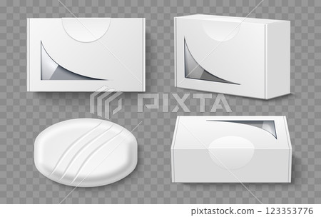 Soap packaging template. Realistic white empty cardboard box for cosmetic . Antibacterial hygiene glycerin product different angles view, clean and body care. Vector 3d isolated concept 123353776