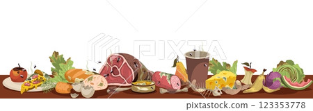 Table of leftovers and spoiled foodstuffs. Waste organic products, flying insects, rotting vegetables and fruits, stinking meat, natural trash. Cartoon flat style isolated vector concept 123353778