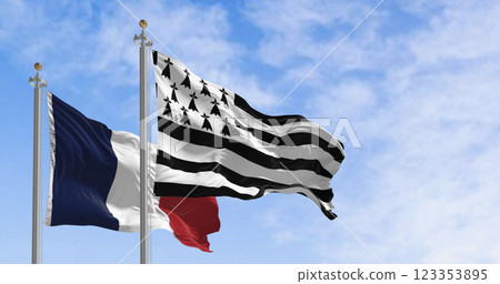 Brittany flag waving with french national flag on a clear day 123353895
